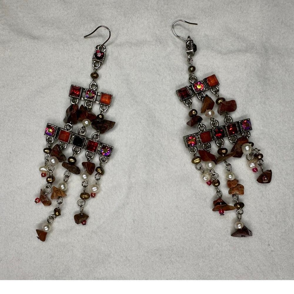 Vintage Tiered Red Crystal Dangle Earrings Bohemian Statement Drop Earrings
